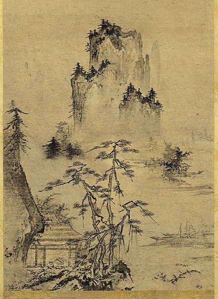 日本古美術/水墨画/破墨山水図/落款:雪舟等陽/ はやし